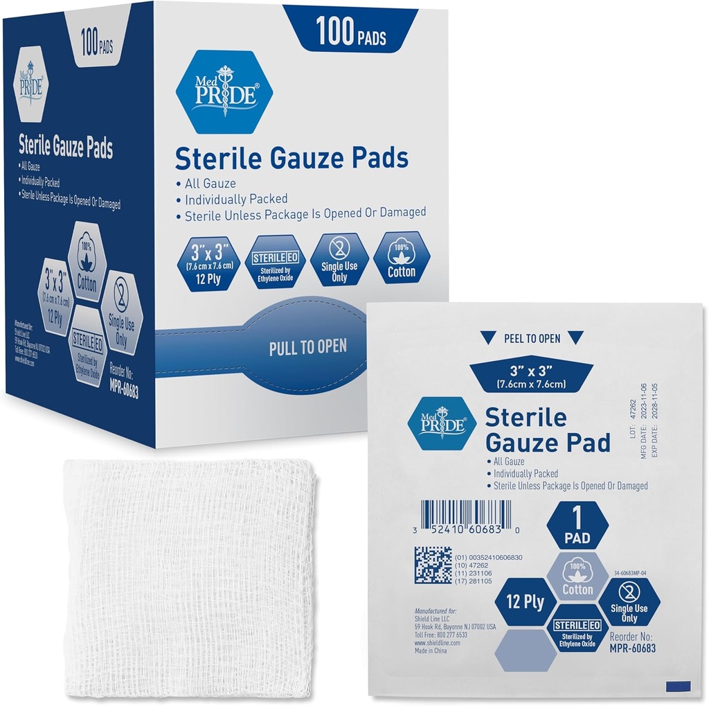 MED PRIDE Sterile Gauze Dressing Pads, 12 Ply גבוה Absorbent כותנה, באופן אישי נדפס, לא Stick, כאב חסר כאב מוח (3x3 Inch (Pack של 100)