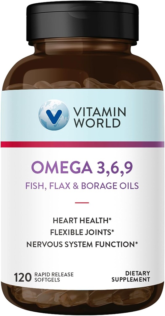 ויטמין World Triple אומגה 3-6-9 3000 מ"ג עם דגים, פלמקס, Borage & Evening Primrose Oils, אומגה 3 -3 חומצות שומן עם EPA & DHA, תומך הלב, המוח והבריאות, Gluten Free, 120 Softgels