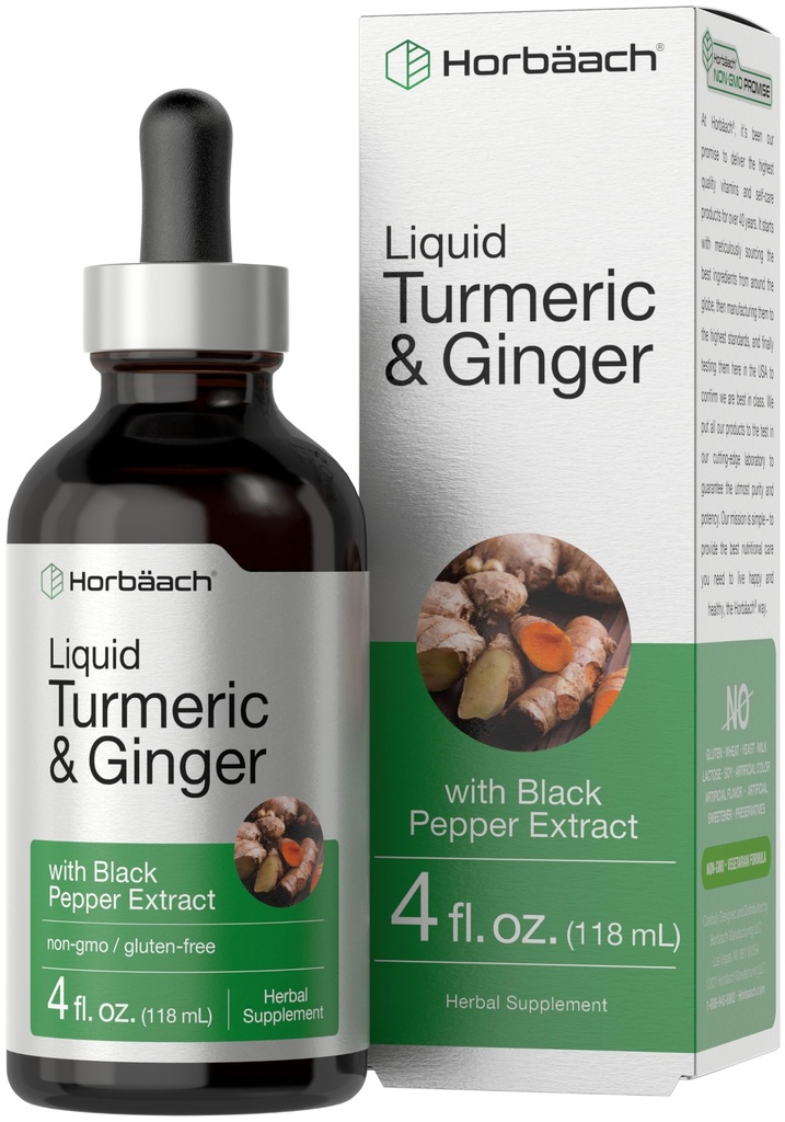 Horbaach Turmeric וג'ינג'ר טיפות | 4 fl oz | עם Black Pepper לחלץ | Herbal Liquid Tincture