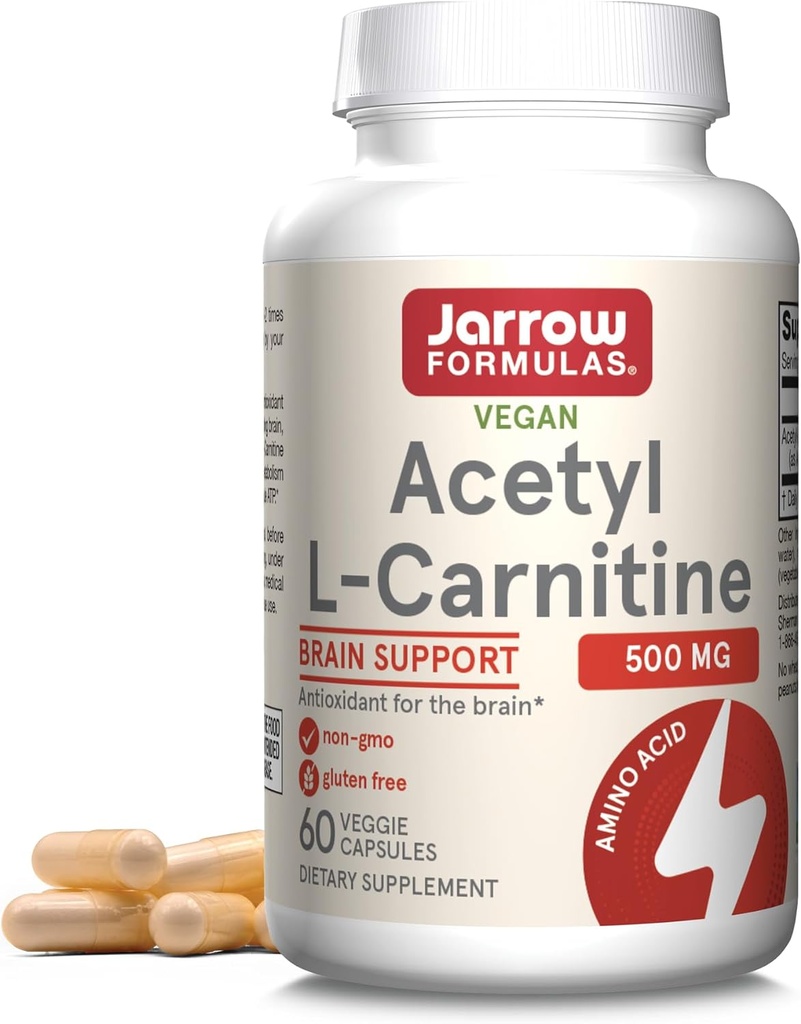 Jarrow Formulas Acetyl L-Carnitine קפסולות - 500 מ"ג - 60 Count - For Brain Health & Fatty Acid Metabolism - קפסולות ירקות - non-GMO - Gluten Free