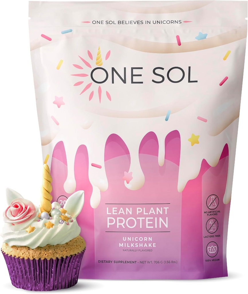 One Sol Lean Plant-מבוסס אבקת חלבון, Pea & Brown Rice, Low Carb, Vegan Friendly - Gluten, Lactose, & Soy Free - No added Sugar, non-GMO, תזונה נקייה, No Bloating (Unicorn Milkshake)