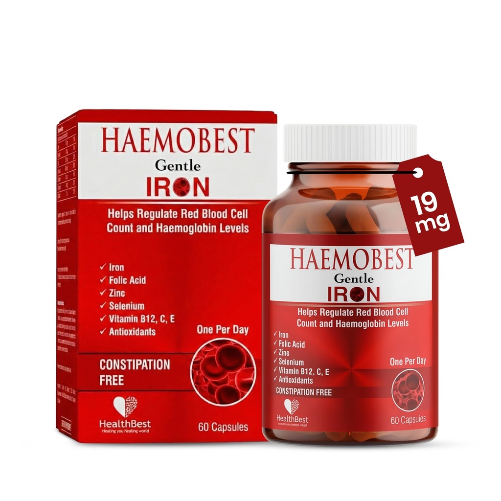 HealthBest High Potency Gentle Iron Capsules 19mg |Slow Release Iron for Faster Absorption, Non-Constipating| Vitamin C, B12, Folate Zinc & Selenium for Anemia, Hemoglobin & Immune Support |60 Count