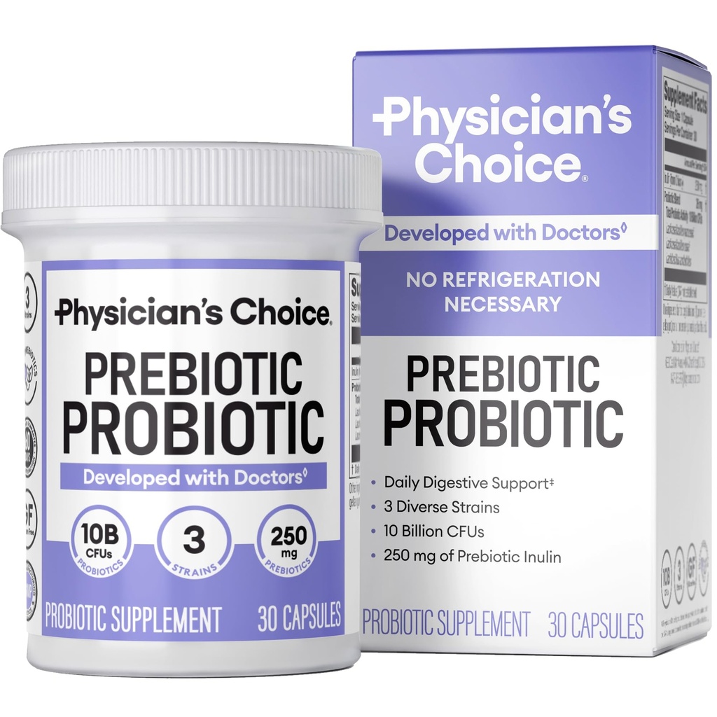 Physician's CHOICE Prebiotic-Probiotic - Multi-Strain Probiotics & Synergistic Prebiotics - מיועד לבריאות העיכול, תמיכה ב- Gut Microbiome - Powerful Pre for Gut Health - עבור נשים וגברים