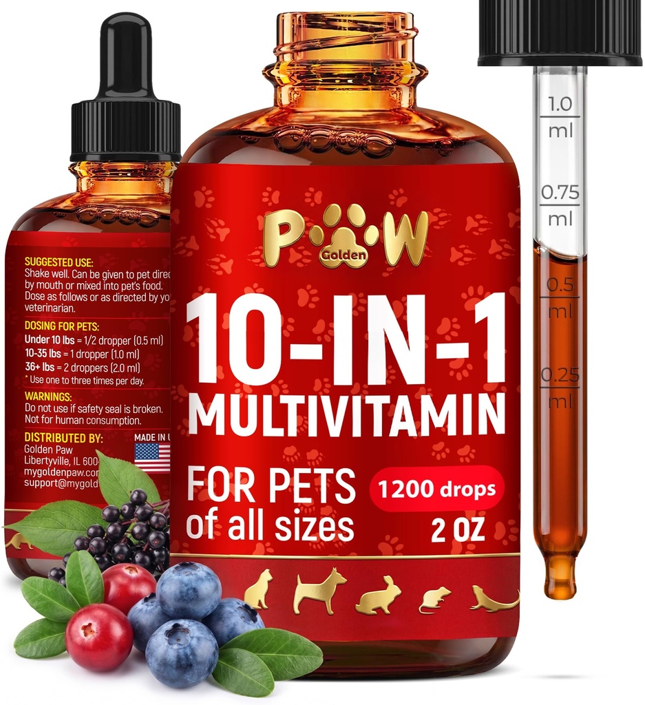 Cat Multivitamin - ויטמין B, C ו- D3 בצורת נוזל - 10 ב 1 ויטמין כלבים ותוספים כדי לעזור עם אלרגיות ו UTIs - ויטמין Cat עבור Skin & Coat - Glucosamine עבור HIPS & Joints - 2 Oz 2 Oz