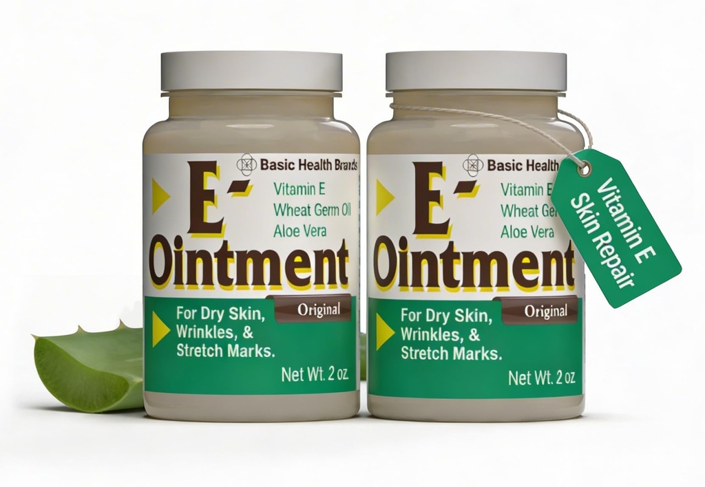 מותגים בסיסיים - ויטמין E Ointment - 2oz - Moisture Enhancing - יכול לעזור להפחית את הופעתם של סקרים, למתוח מארקים, קווים יפים & Wrinkles - 2Pack