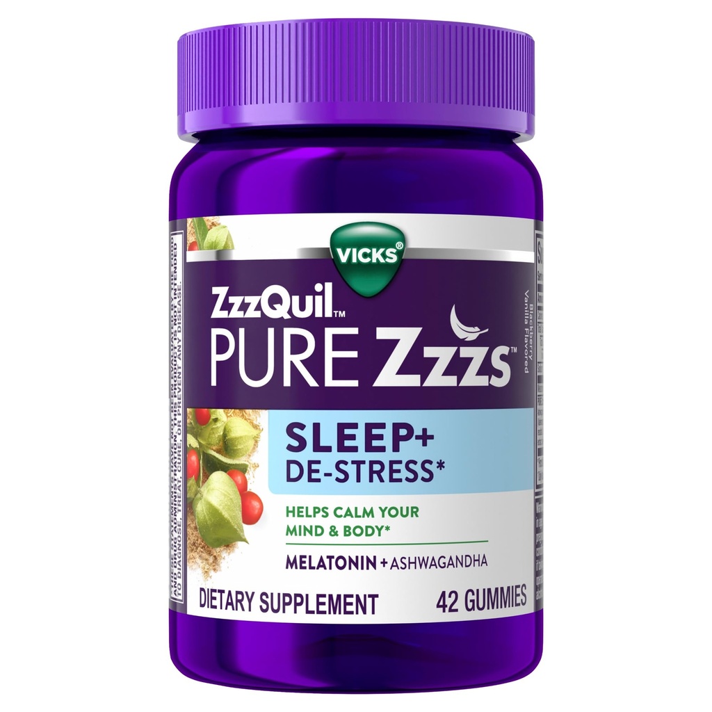 ZzzQuil PURE Zzzs De-Stress Melatonin Sleep Gummies, Helps Calm Your Mind and Body, Ashwagandha for Stress Support, Sleep Aids for Adults, 1 מ"ג לחניכיים, 42 הרוזן