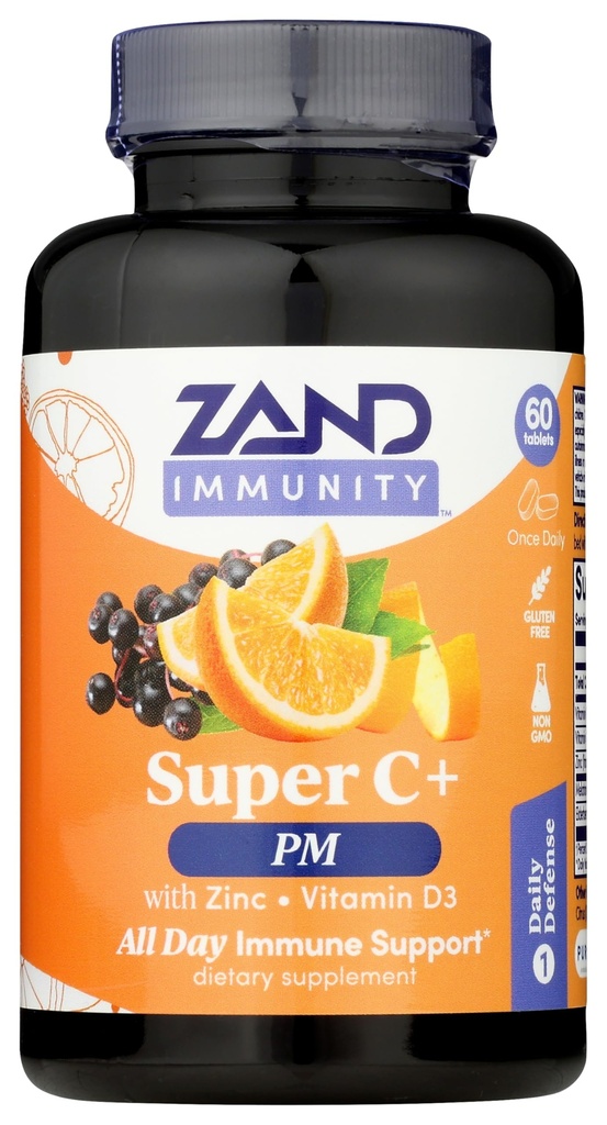Zand Immunity Super C+ PM, Nighttime Immune Support Plus Melatonin, 1000mg PureWay-C ויטמין C, Zinc, D3 & Elderberry, Enhanced Absorption - 60 טבליות, 30 משרתים