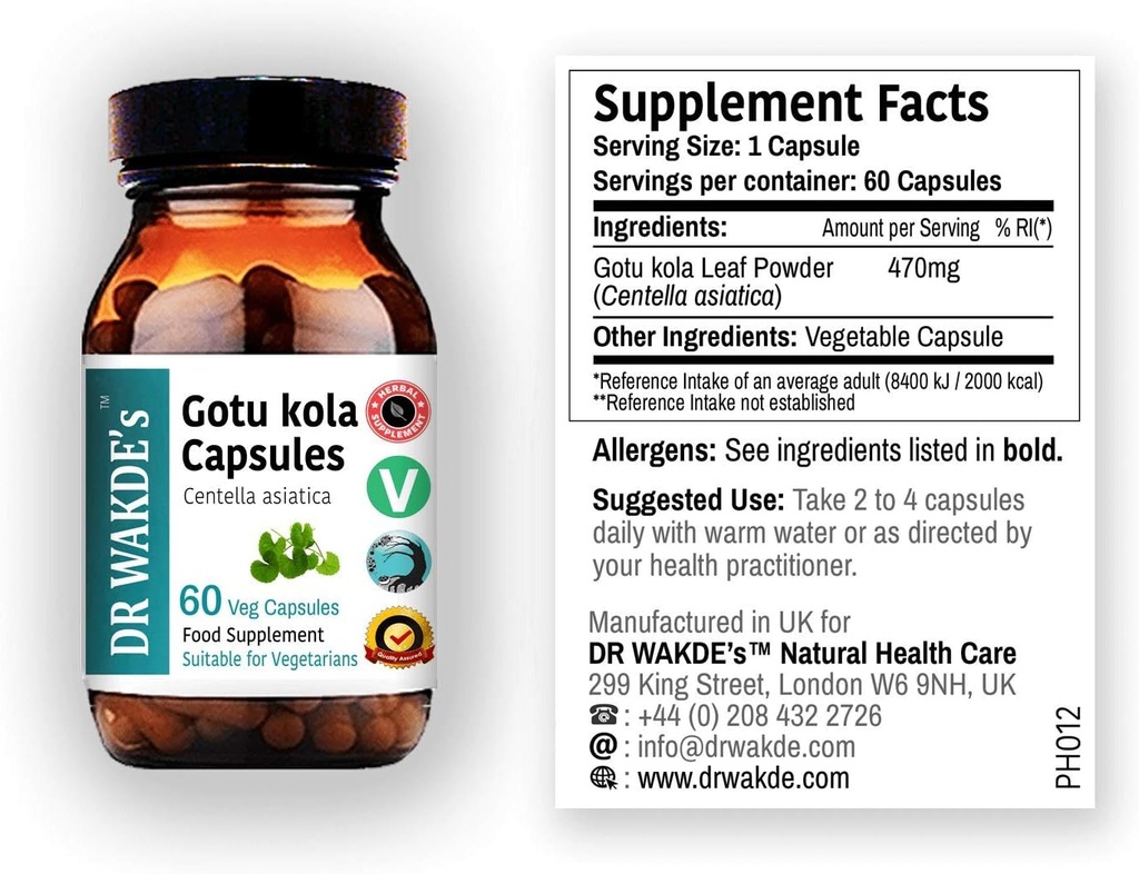 DR WAKDE'S Gotu kola כמוסות (Mandukparni, Centella Asciatia, 60 Veg Caps, Plant-based Supplement, Ayurvedic Herb, All Natural, טבעוני)