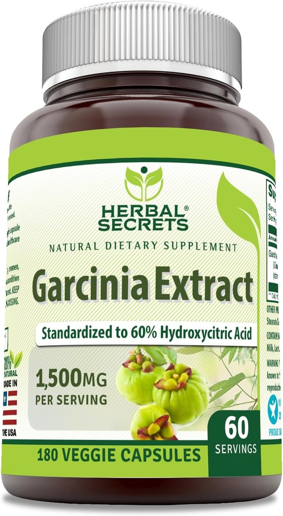 Herbal Secrets Garcinia הפקה | 1500 מיליגרם | 180 קפסולות Veggie | Non-GMO | Gluten-Free | Made in USA