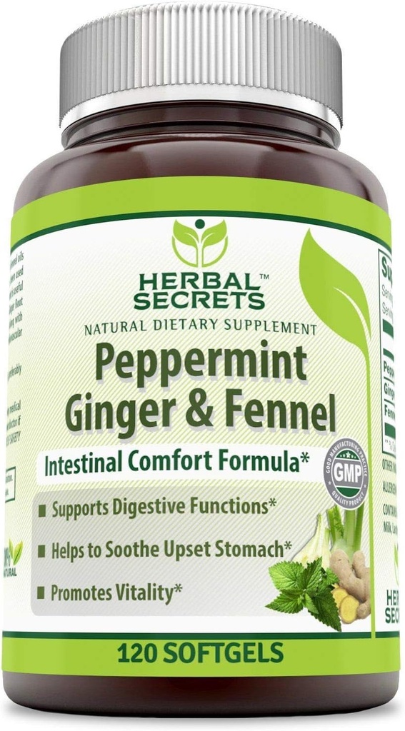 Herbal Secrets Peppermint ג'ינג'ר וחונל 120 Softgels (Non-GMO) - תומך בתפקודים העיכול* - מקדם את Vitality* - מסייע ל-Sooth Upset Stomach*