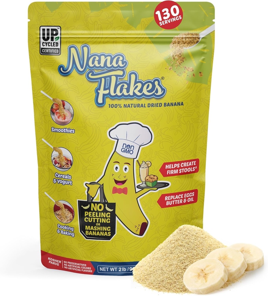 עיצובים תזונתיים Nana Flakes 100% אבקת בננות טבעית, תמיכה תזונתית - מקור של Potassium & סיבים - Substitute for Eggs, Butter, or Oil in Baking (2LB Bag)