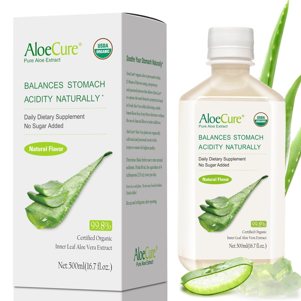 AloeCure USDA אורגני Aloe Vera Juice מיוצר בתוך 12 Hrs של קציר - טהור Aloe Juice Natural Digest תוסף לתמיכה Digest, Immune System ו Balanced Stomach Acidity, 500 מ"ל בקבוק
