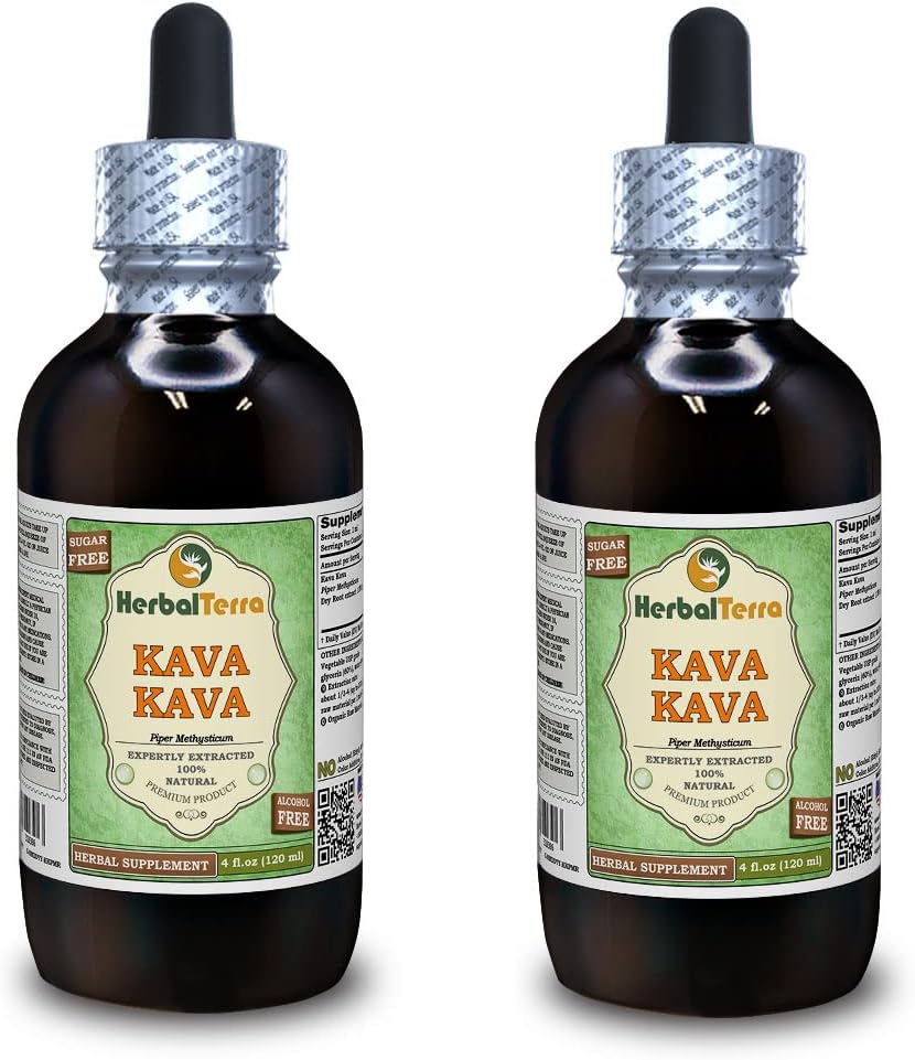 Kava Kava (Piper Methysticum) Glycerite, Dried Root Alcohol-Free Extract Extract (שםBrand: HerbalTerra, Proly Made in USA) 2x4 fl.oz (2x120 מ"ל)