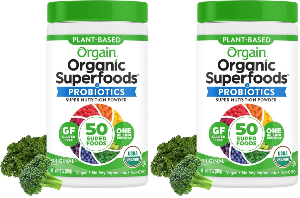 Orgain Organic Greens Powder + 50 Superfoods, Original - 1 Billion Probiotics for Gut Health, Antioxidants, Vegan, Plant Based, Gluten Free, Non GMO, Dairy Free Juice & Smoothie Mix - 0.62lb
