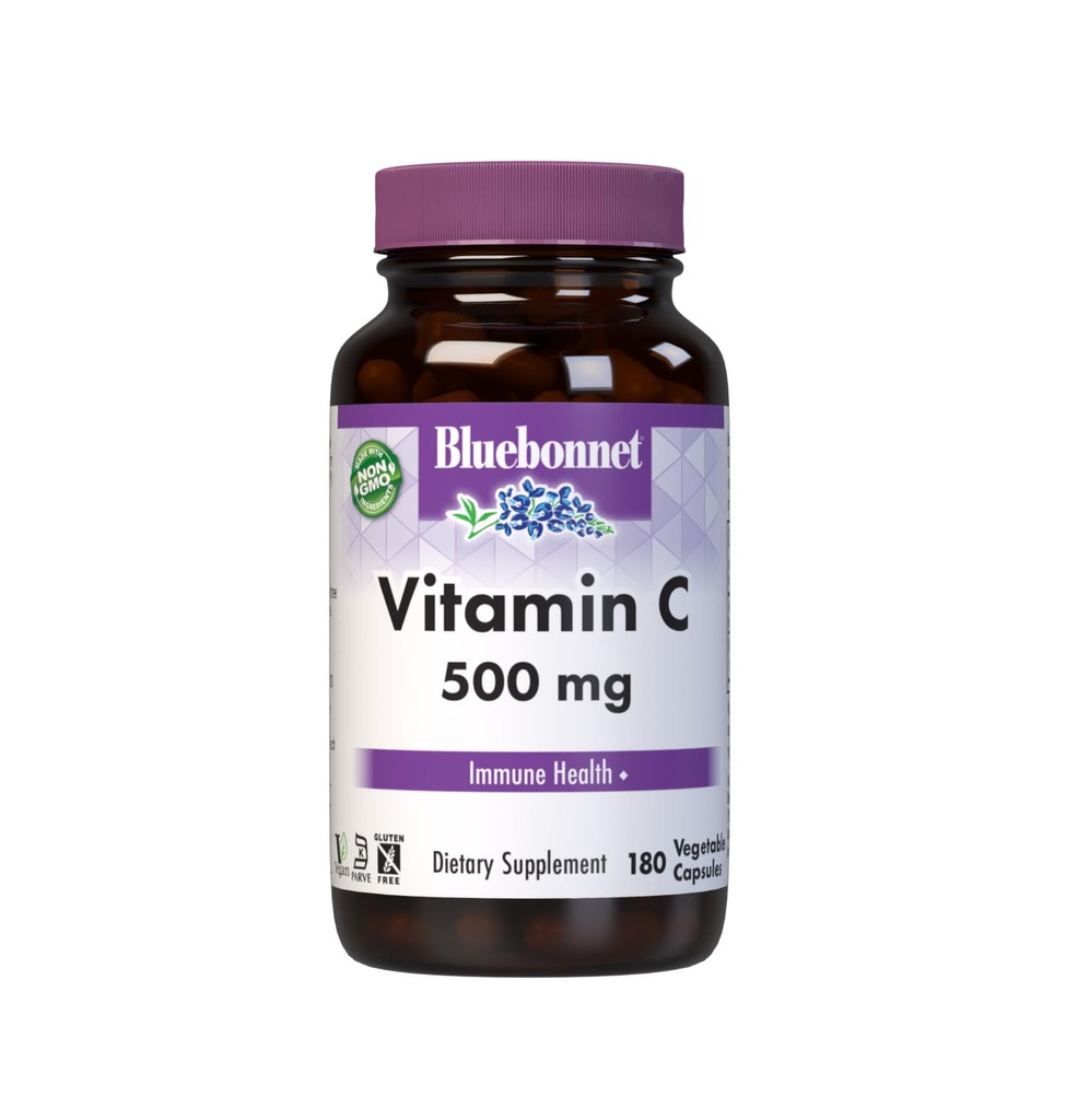 Bluebonnet Nutrition ויטמין C 500 מ"ג קפסולות ירקות, Ascorbic Acid, עבור Immune Health & Skin Health, טבעוני, צמחוני, non GMO, Gluten Free, Soy Free, Milk Free, כשר, 180 קפסולות ירקות