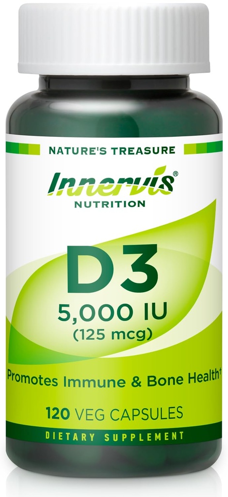 ויטמין D3 5000 IU - Boost Immune, Supportעצמות ושיניים, Easy to Swallow 120 Veg כמוסות
