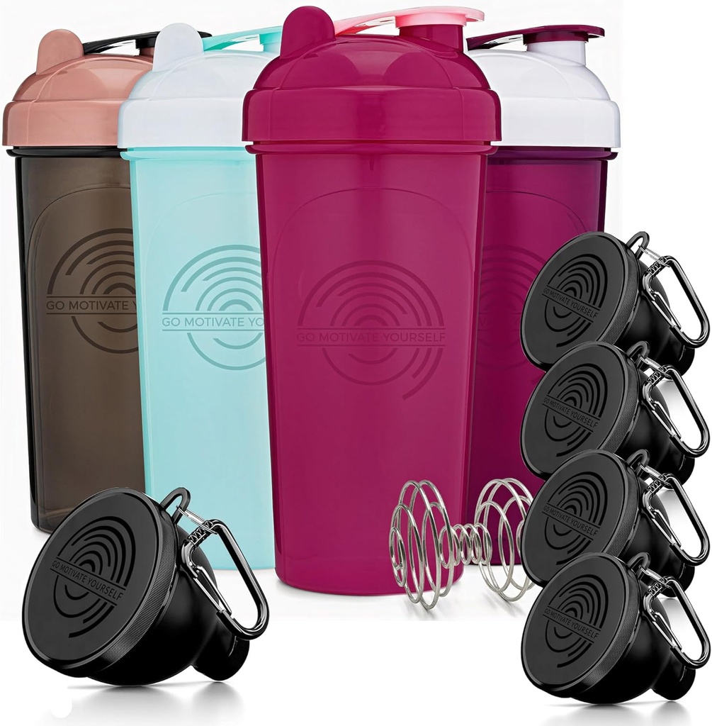 GoMOYO Fitness Bundle - 4Pack Shaker Bottles with Agitator + 5-Pack חלבונים Funnels with Karabiner, BPA-Free & Dishwasher בטוח יותר