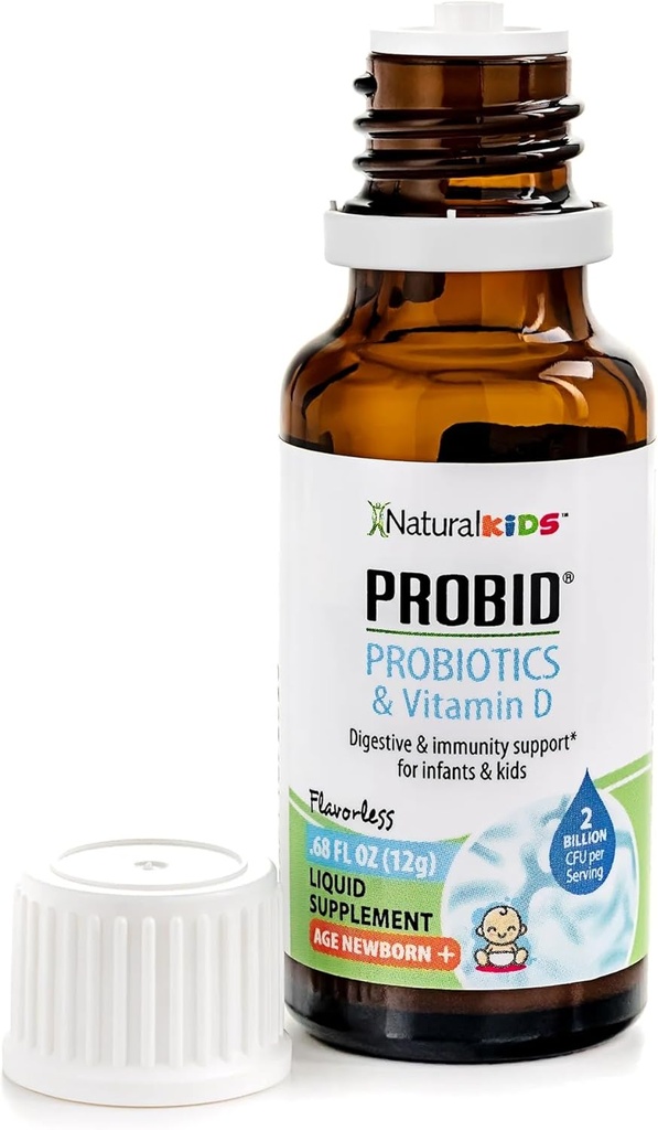 NaturalKids נוזל Probiotics עבור תינוקות וילדים עם ויטמין D Probiotic טיפות עבור תינוקות בריאות העיכול ו Immune תמיכה תוסף - Probid Baby Probiotic Drops - Flavorless .68 Fl Oz.