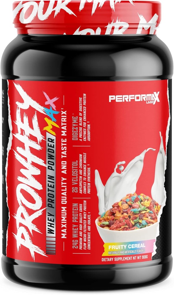 ProWhey Max Whey חלבון אבקה | איכות וטעם מקסימלית | 24 גרם חלבון עם Enzymes תוספת העיכול | פלאבים טעימים (Fruity Cereal, 2 פאונד)