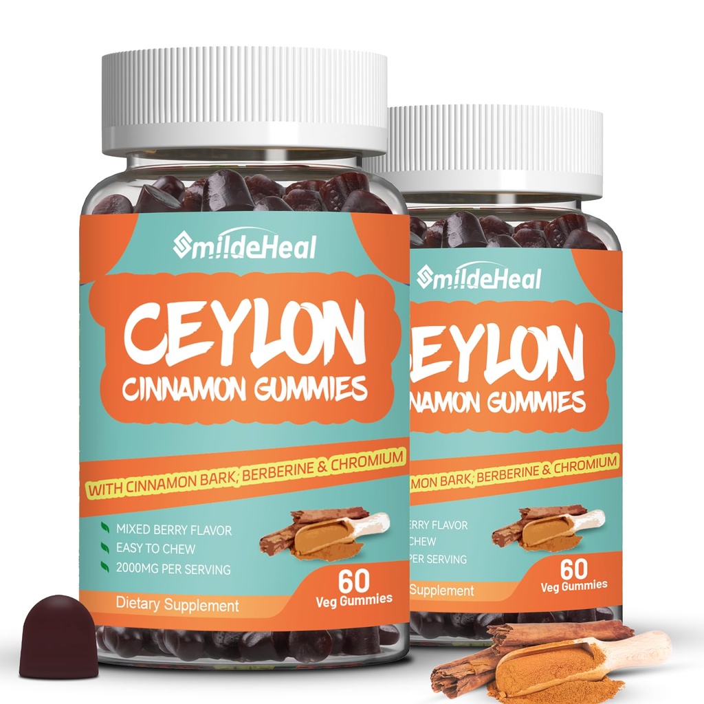 2 Pack Sugar Free Ceylon Cinnamon Gummies 2000MG, תוסף Cinnamon עם Chromium ו Cinnamon Bark, טבעוני, non-GMO, Gluten Free, 120 מסטיקים