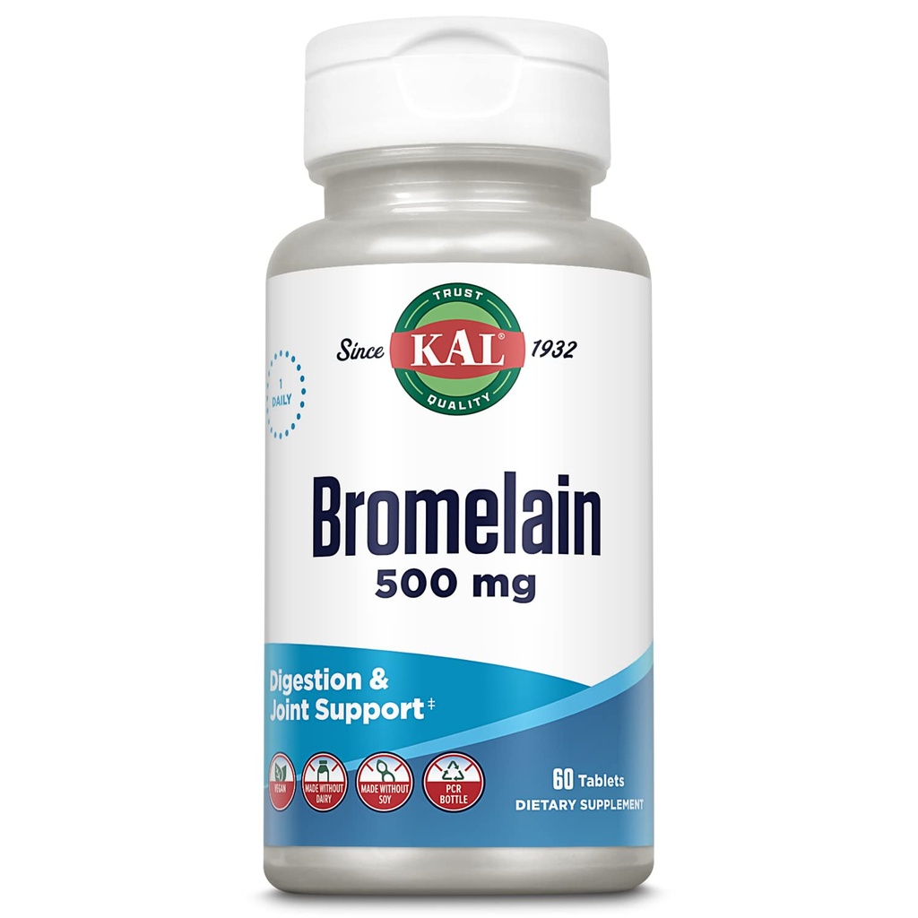 KAL Bromelain 500 מ"ג, Digest ו- Joint Support Supplement, Digestive Enzymes, Pineapple Extract, Rapid Disintegration, Vegan, Made Without Milk or Soy, Lab מאומת, 60 משרתים, 60 טבליות