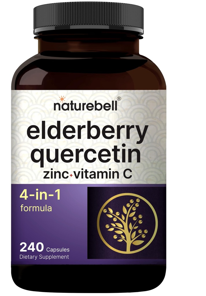 NatureBell Sambucus Elderberry קפסולות, 5000 מ"ג פרי לשרת עם Quercetin 500 מ"ג, ויטמין C ו Zinc, 240 Count | European Black Elderberry פירות Extract - 4 ב 1 Immune Support Supplements