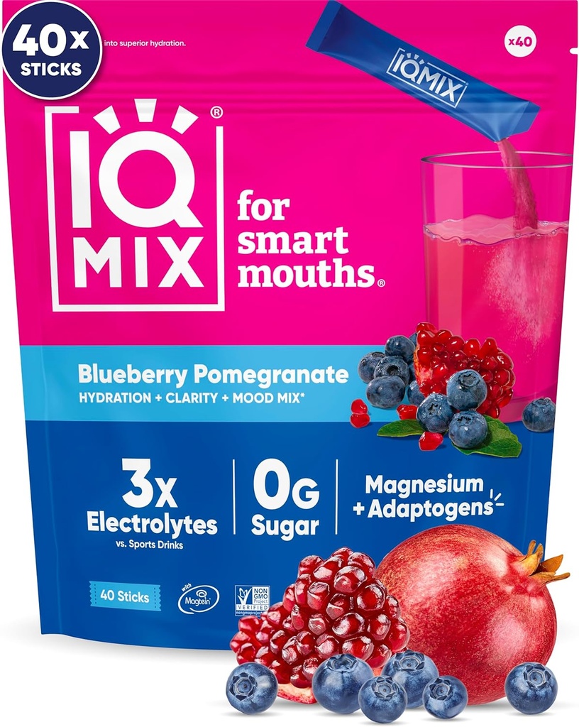 אבקת IQMIX hydrotion Electrolyte - 4in-1 פורמולה להשקה, בהירות נפשית, Mood and Recovery - Sugar-Free Drink Mix, Keto, Magnesium L-Threonate, Lion's Mane - 40 Count Blueberry Pomegranate