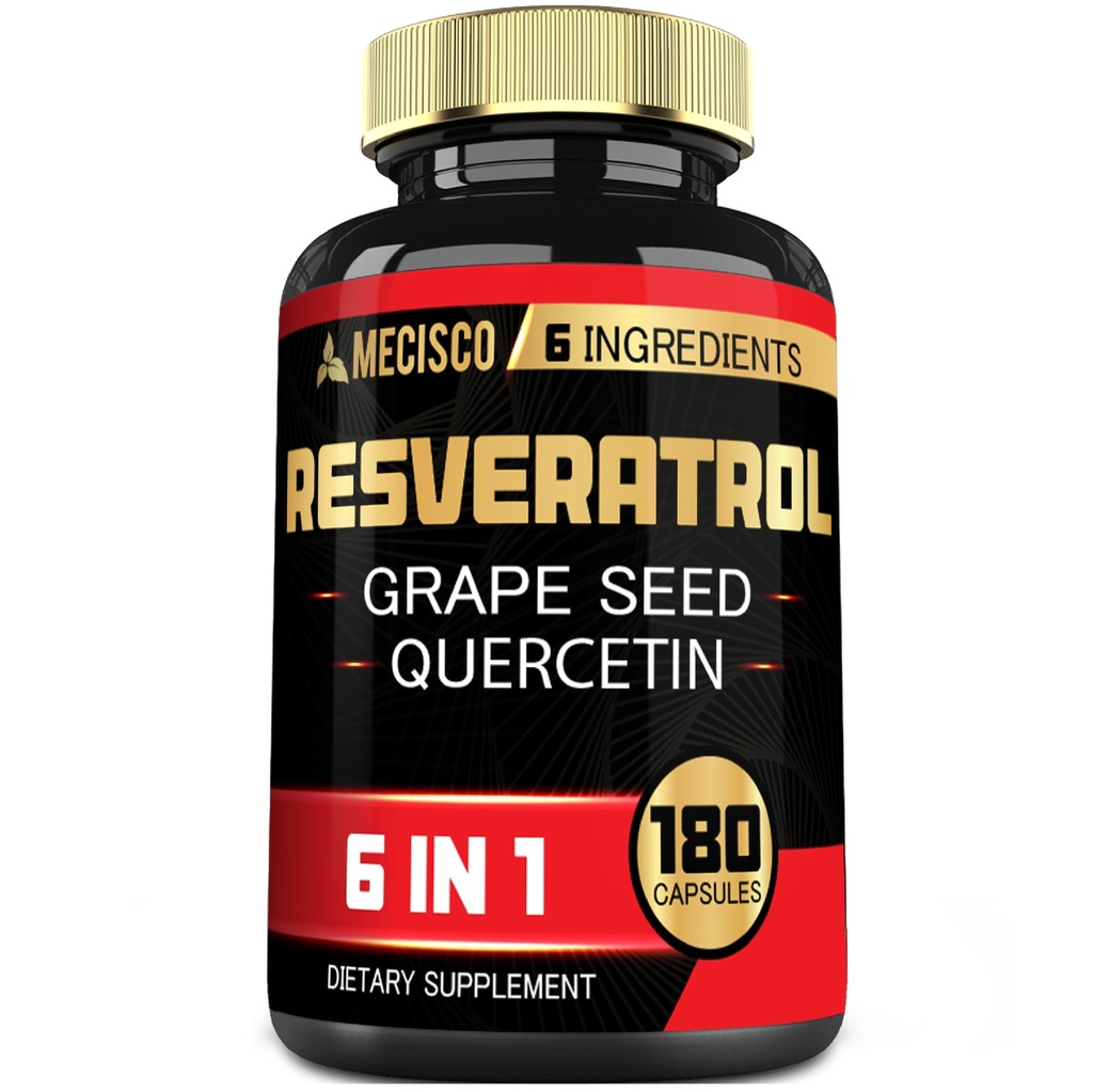Mecisco 6in1 Trans Resveratrol Supplement with Grape Seed, Milk Thistle, and More - Resveratrol 1000mg - Supports for Immune System, Heart Health, Body Management - 180 Capsules