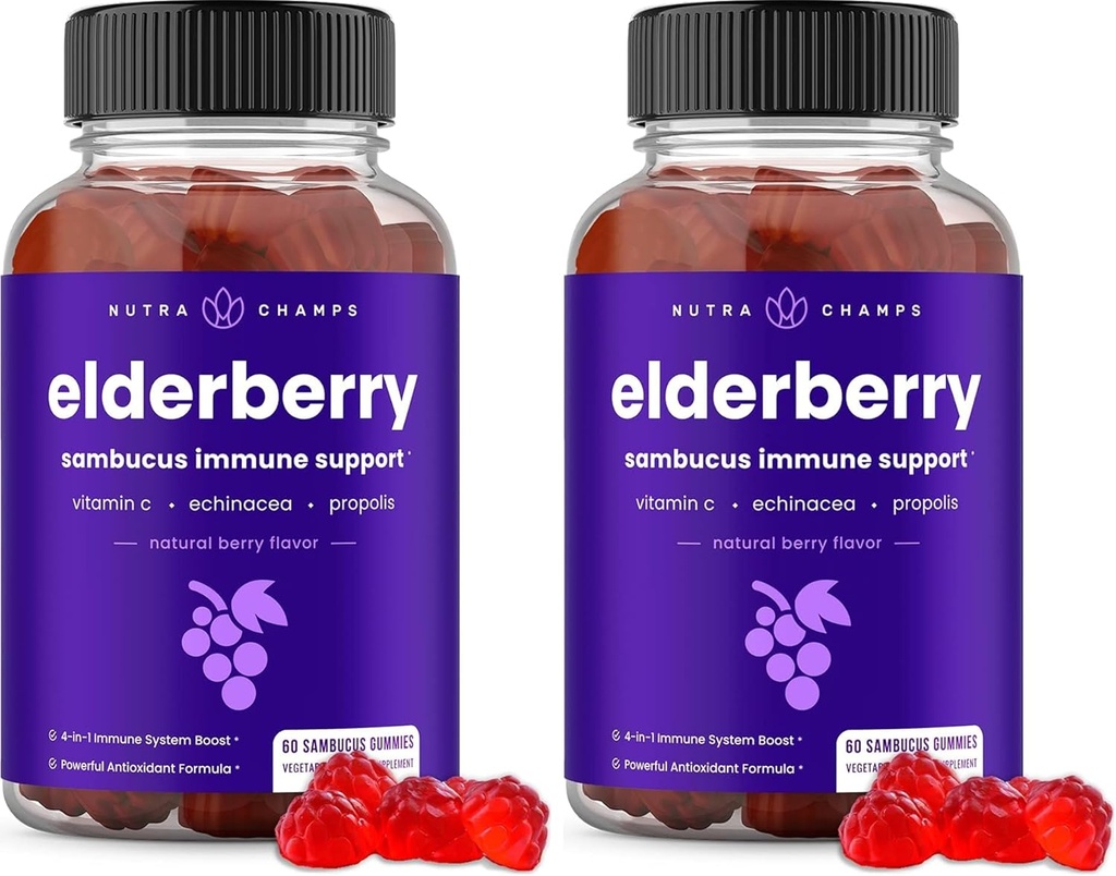 NutraChamps Elderberry חניכיים עם ויטמין C, Propolis & Echinacea - Immune System תומך בויטמינים עבור מבוגרים וילדים - מקס כוח 200mg Sambucus Antioxidant (Pack של 2)