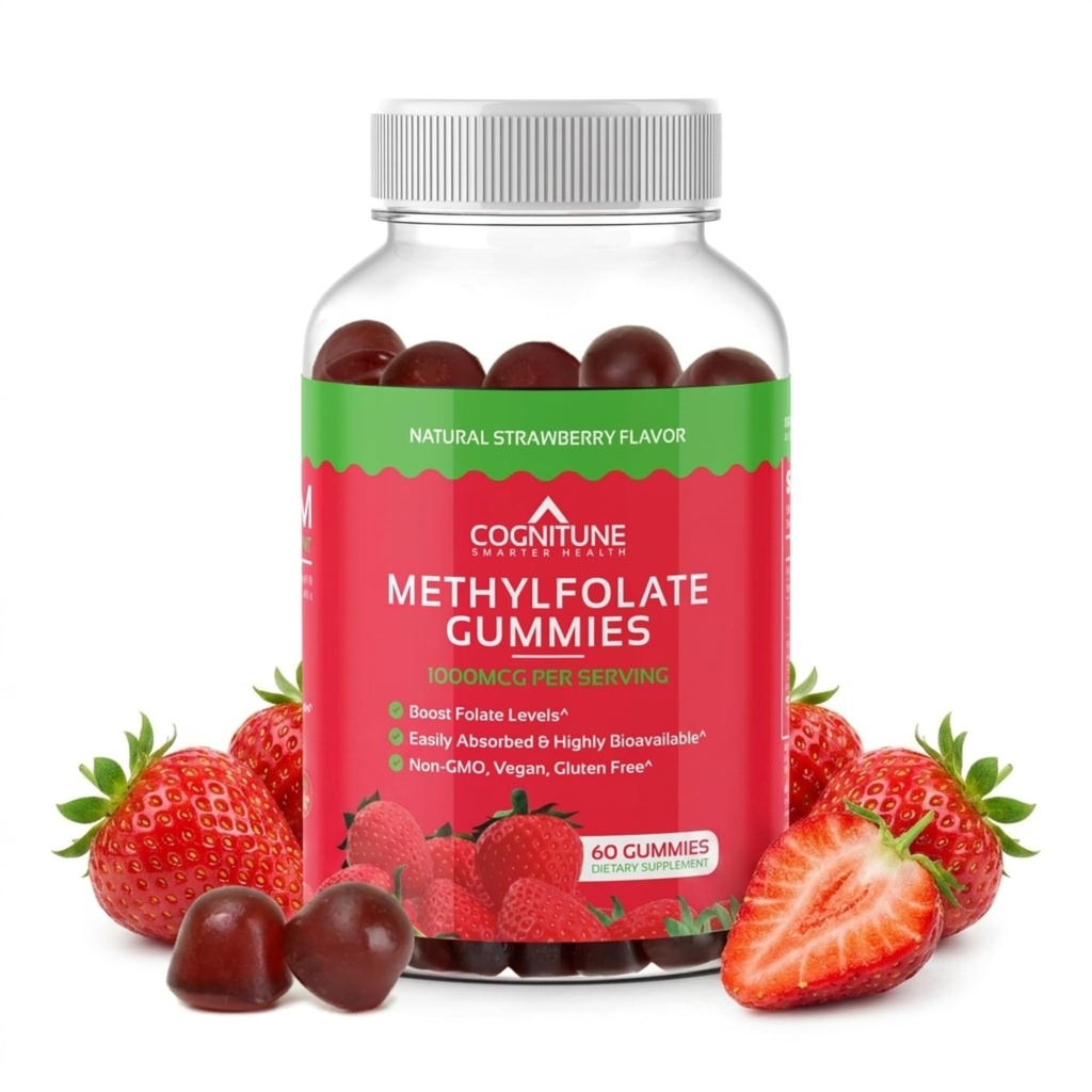 CogniTune Methylfolate Gummies - Easy to Take High Potency L-Methylfolate, תוסף Folate עבור המוח, בריאות הלב ותחמושת, טעים סטרוברי פלמור, Non-GMO, טבעוני, Gluten-Free FreeFree