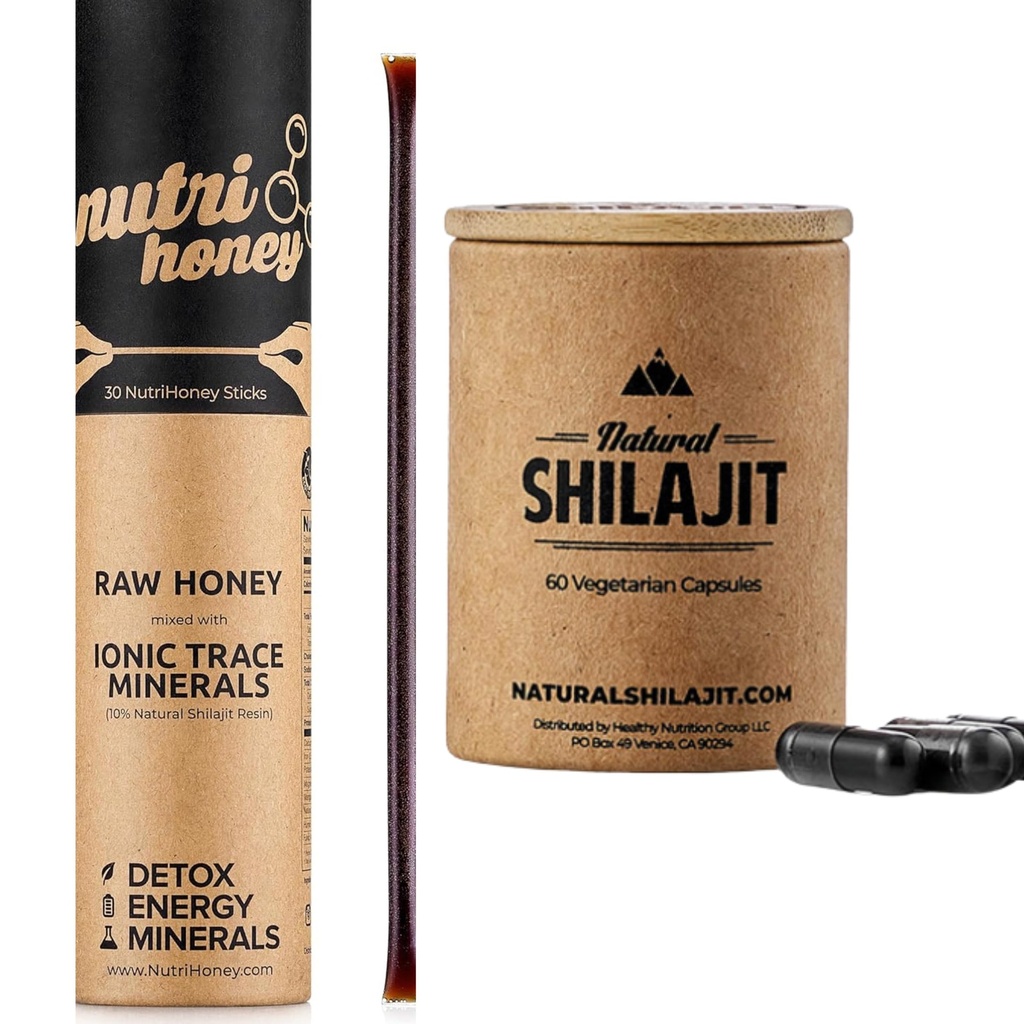 NATURAL SHILAJIT קפסולות (1-2 חודשים אספקה) | 60 Count & Shilajit Honey Sticks Resin מעורב עם Raw Honey (30 Sticks)