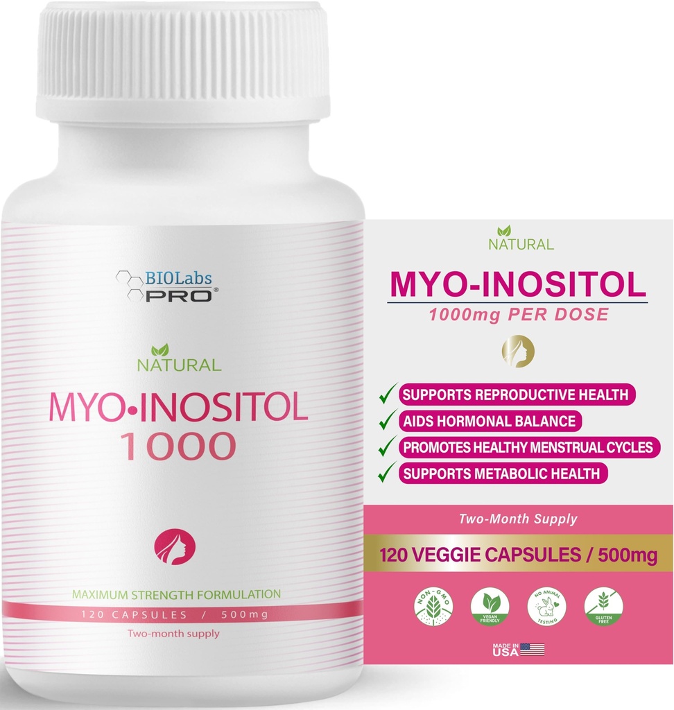 BIOLABS PRO Myo-Inositol תוסף 1000 מ"ג - תמיכה תזונתית טבעית לבריאות סלולרית & בריאות, Premium Non-GMO, Gluten-Free, Certified, Paraben-Free - 120 Caps - 2 Monteh Supply)