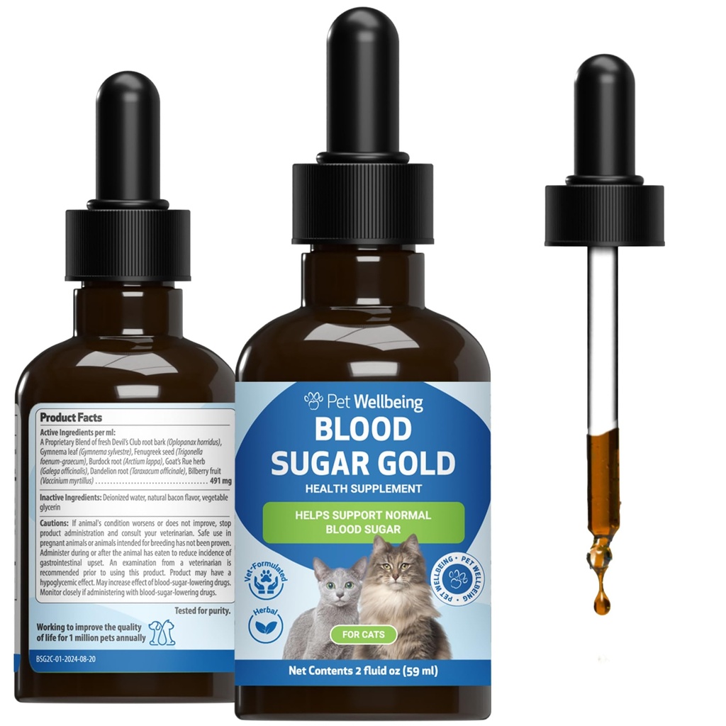 Pet WellBeing - Blood Sugar Gold for Cats - תמיכה טבעית לרמות סוכר בדם בריא בחתולים דיאבולטיים - Insulin Stabilization & Normal Pancreatic function - 2 oz (59 מ"ל)