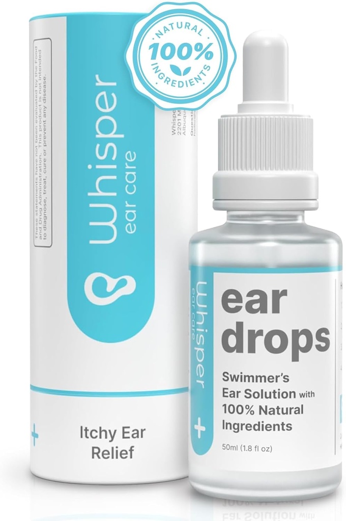 Whisper Ear Drops | 2oz | ארה"ב | All Natural Swimmers Ear טיפות עבור מבוגרים עם אוזניות אישיות | אוזניהם של שפימר נושרים את האוזן עם Acetic Acid אוזניים טיפות