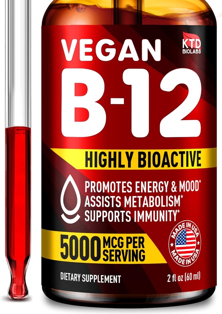 B12 Sublingual 5000 mcg Drops - Made in USA - טבעוני B12 ויטמינים לאנרגיה, Mood & Memory - Highly Bioavailable Sublingual Drops - Methylcobalamin for Women & Men - 2 fl. oz.