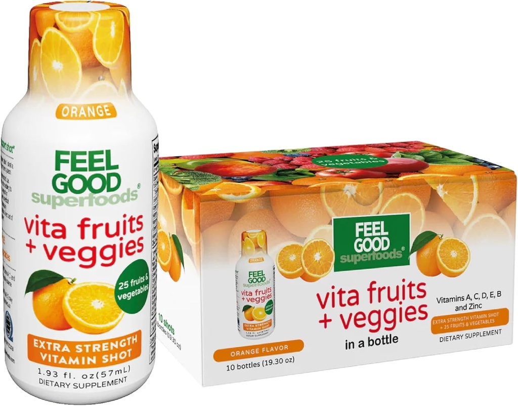להרגיש טוב Superfoods Vita פירות ו- Veggies Immune Support Shot Supplements, Orange Flavor, Pack of 10 Immunity Shots, Immune System Booster לשתות עם 25 ירקות ופירות אורגניים