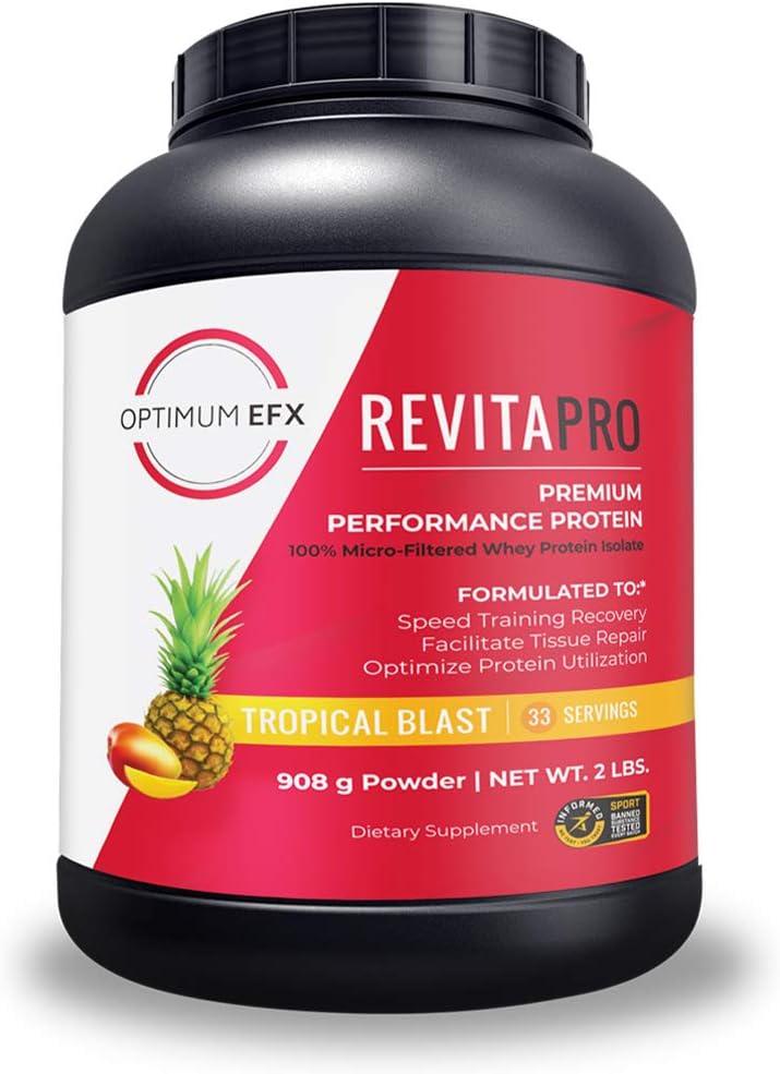 RevitaPRO, Premium Performance חלבונים, 100% מיקרו-Fitered Whey חלבון Isolate, באופן טבעי מתוק, No Soy, תוספת סוכר, Zero Artificial Ingredients -2 פאונד (Tropical Blast)