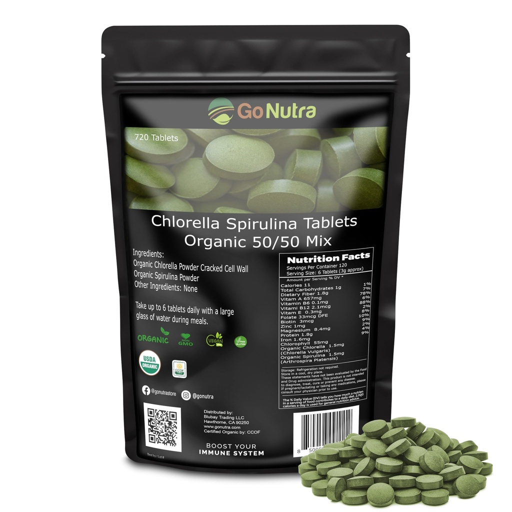 Go Nutra אורגני Spirulina Chlorella טבליות 50 / 50 בלגן | מזון תזונתי מזינים Dense Superfood - חלבונים טבעוניים, Chlorophyll, Enzymes | 500 מ"ג כל טבליות Chlorella Spirulinas, 720, 4 חודשים אספקת חלבון, 4 חודשים אספקת חלבון, Chlorophyll, Chlorophyll, Enzymes | 500 מ"ג כל Chlorella Spirulina Tablets, 720, 4 חודשים.