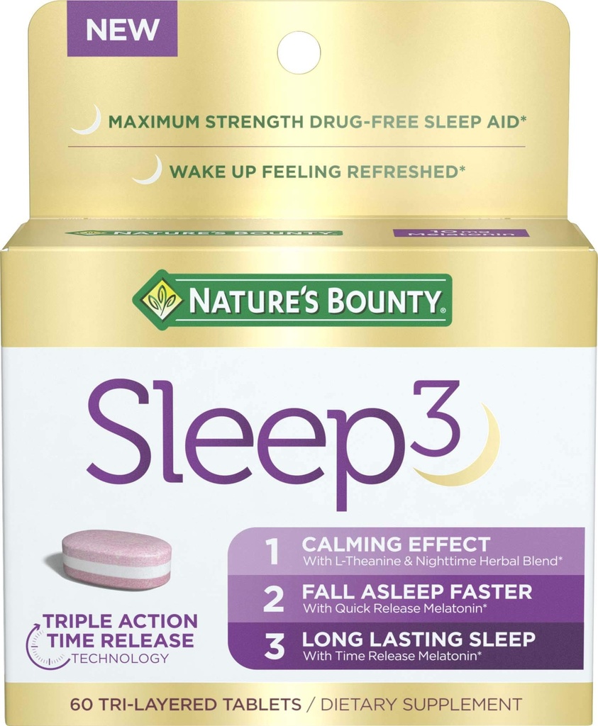 Nature's Bounty Sleep3 Melatonin 10 מ"ג, כוח מקסימלי 100% תרופות חינם שינה, תוספת דיאטנית, L-theanine & Nighttime Herbal בלנדר טכנולוגיה, 60 טבליות טרי-Layered
