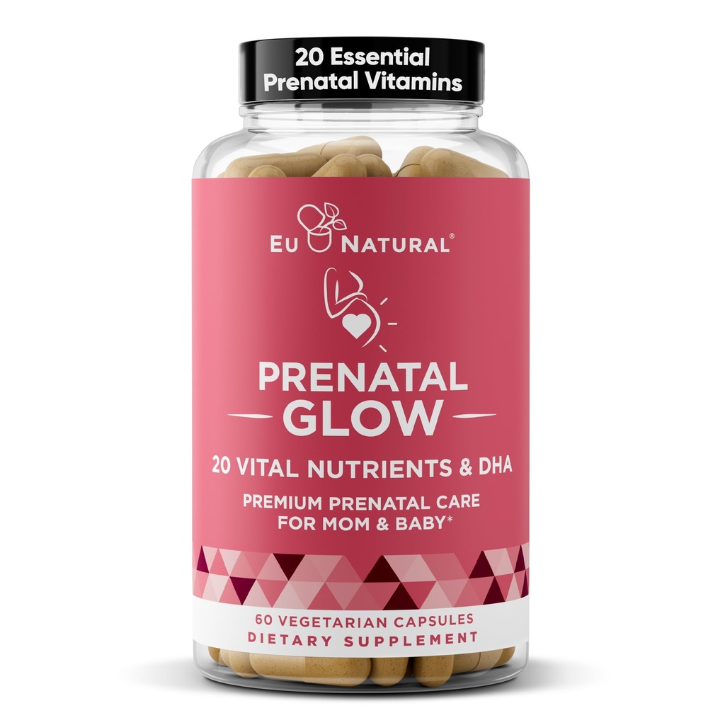 Glow Prenatal ויטמינים לנשים - 20in-1 חומרים מזינים עבור הריון בריא ופיתוח Fetal - Folic Acid & Vegan DHA עבור צמיחה של התינוק & הריון נוח - 60 קפסולות Nourishing