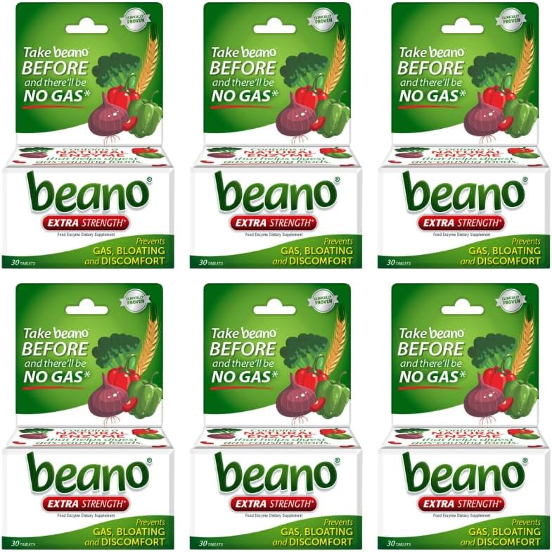 Beano תוספת כוח, תוסף Enzyme העיכול, מונע גז, Bloating and Discomfort (Packaging May Vary) 30 Count כל אחד (Pack of 6)