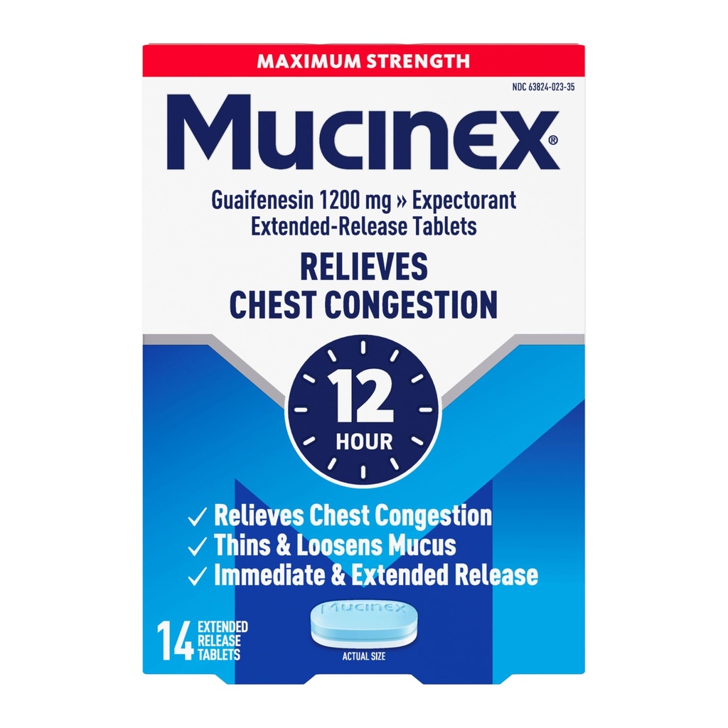 Mucinex Chest Congestion, כוח מקסימלי 12 Hour זמין טבליות, 14ct, 1200 מ"ג Guaifenesin עם הקלה מורחבת של צ'סט הקהילה נגרמת על ידי עודף Mucus, רזה ושחררנים Mucus.