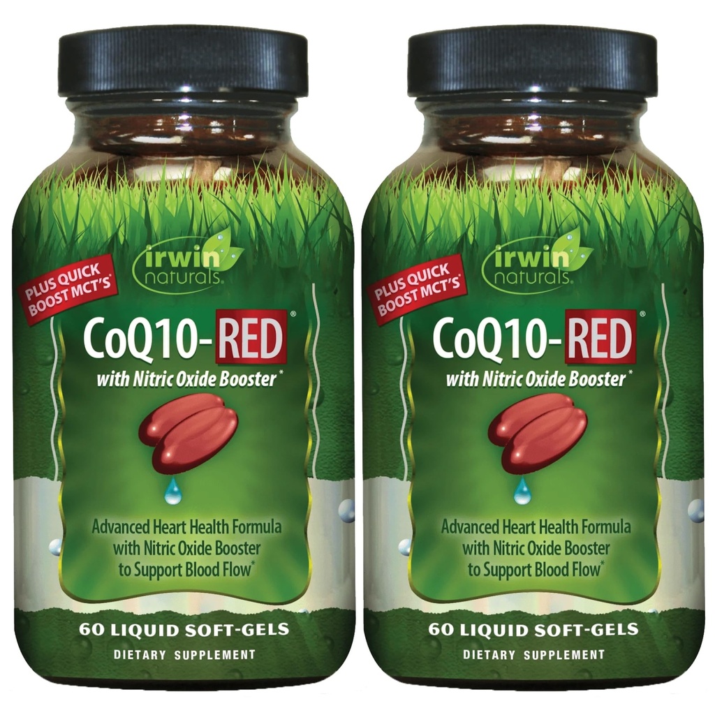 Irwin Naturals CoQ10-RED - 60 נוזל Soft-Gels, Pack of 2 - Advanced Heart Health Support with Nitric Oxide Booster כדי לתמוך ב- Blood Flow - 60 שרתים מלאים