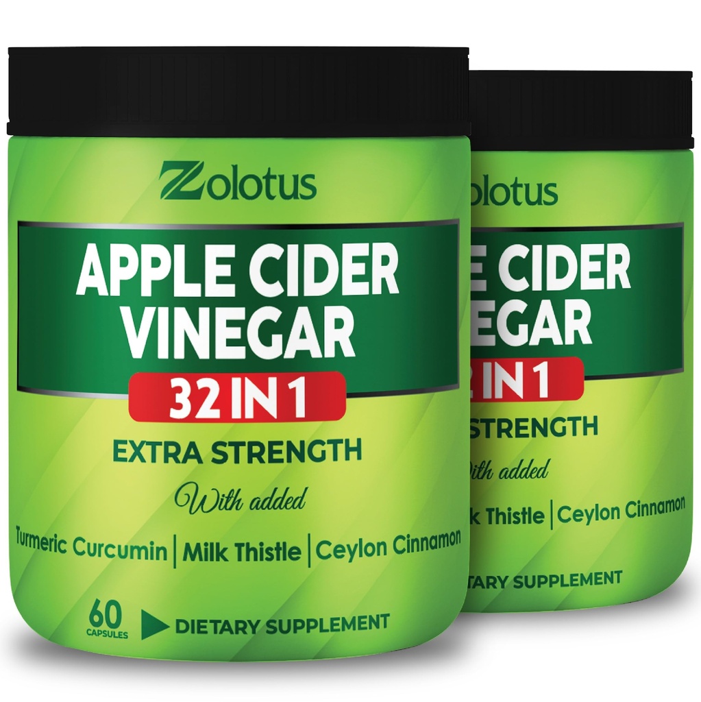 Zolotus Apple Cider Vinegar כמוסות 32in1, עם Turmeric, Cinnamon, Milk Thistle, Berberine, Elderberry, Quercetin - (2 Packs) 60 קפסולות