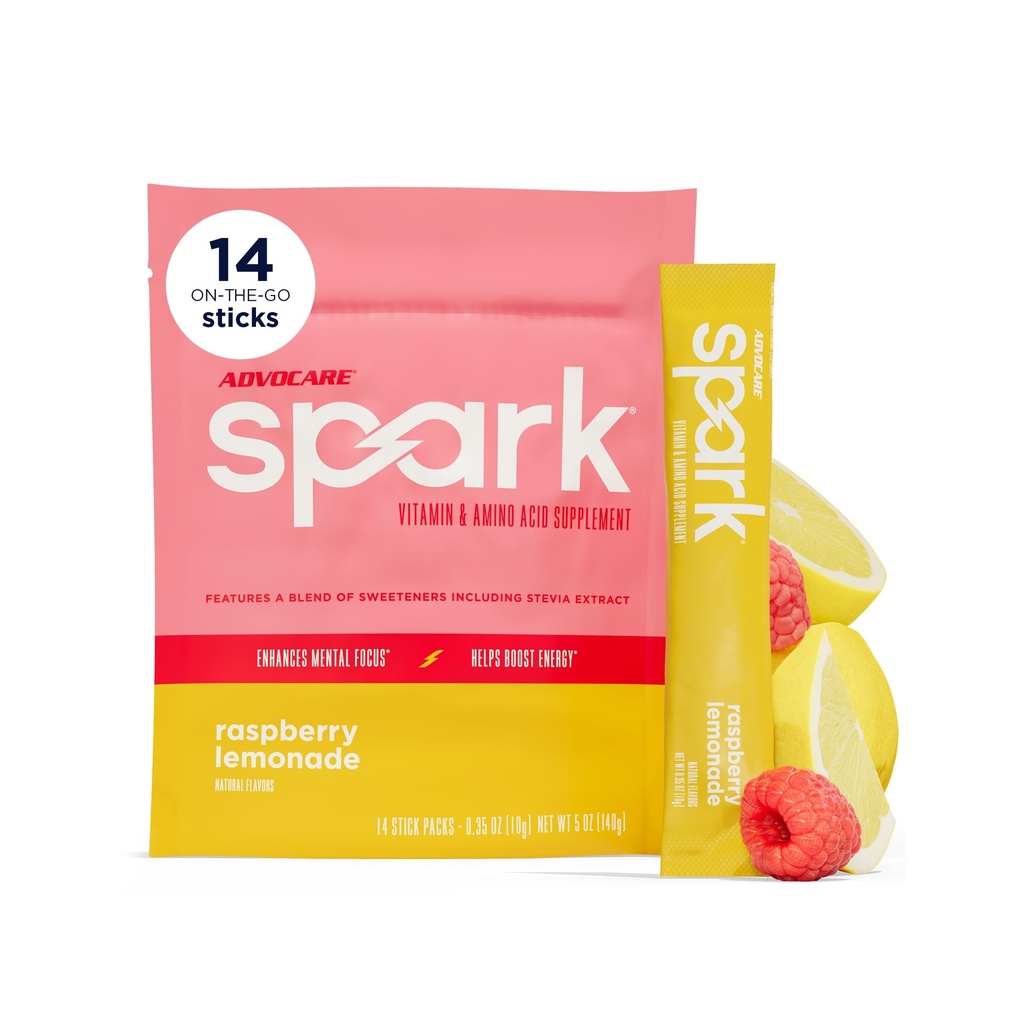 AdvoCare Spark ויטמין & Amino Acid תוסף - אבקת משקאות ללא סוכר ואנרגיה עם ויטמינים A, C, E & B-12 - Raspberry Lemonade, 14 Stick Packs