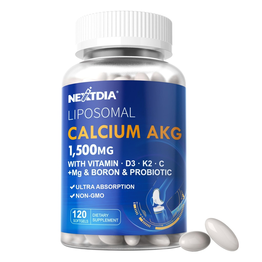 Liposomal Calcium AKG תוסף 1500 מ"ג עם ויטמין D3 & K2 Softgels עבור נשים וגברים│ גבוה Absorption│Calcium תוספים עם מגנזיום Glycinate, Boron, Probiotics & C עבור העצם - 120 גלולות