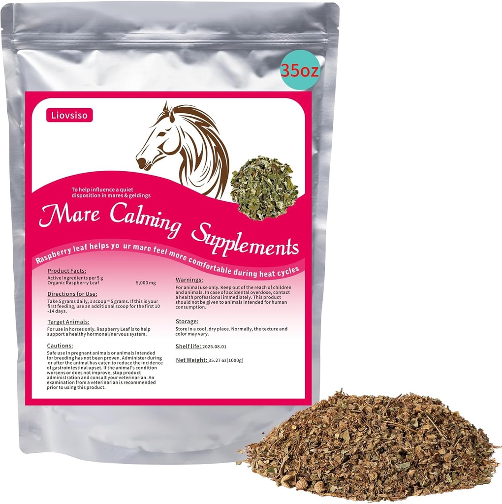Horse Calming תוספת טבעית Raspberry Leaf 35 OZ- Relieves חרדה, Irritability, ו- Discomfort in Mars במהלך מחזורי חום - גם קסם מתאים עבור גלינגס