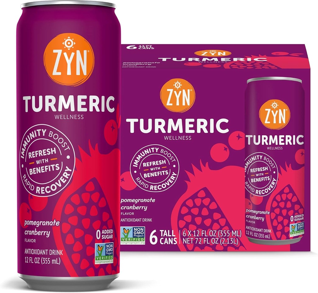 ZYN Turmeric Wellness Drink (6 Pack), Pomegranate Cranberry Flavored Turmeric Curcumin משקה עם Black Pepper, No added Sugar, Low Carb & Low Calorie Drink, ניקוי אלטרנטיבי