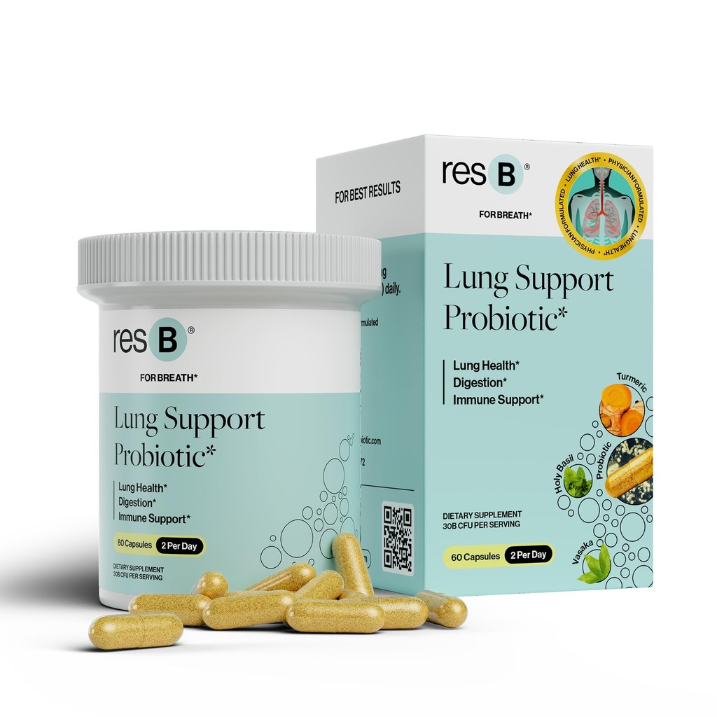 resB Lung תמיכה Probiotic תוסף בריאות Lung עבור מעשנים, Gut בריאות, Immune & Digestive תמיכה, נשימה טיפול, בזיליקת קודש ו Turmeric, ניסויים קלינית - 60 קפסולות