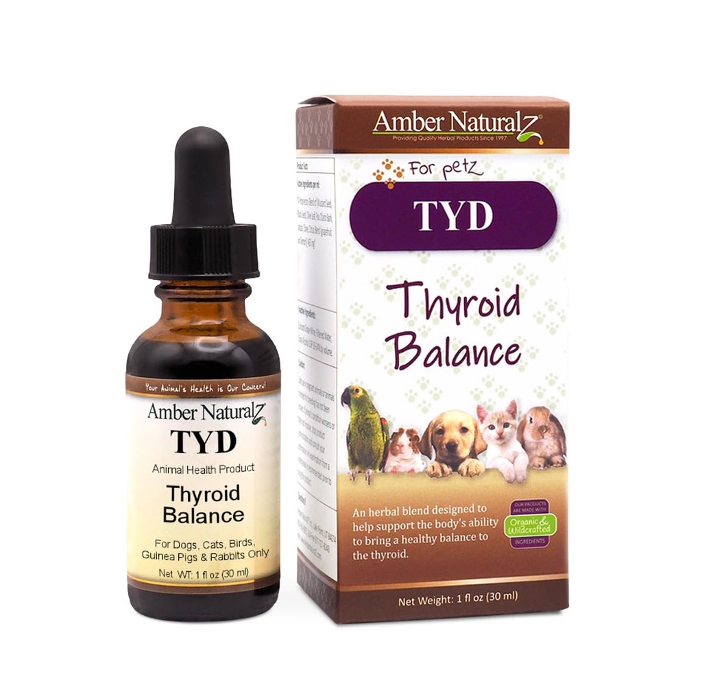 אמבר טבעי ZTYD Thyroid Balance Herbal תוסף לכלבים, חתולים, ציפורים, גינאה חזירים, ארנבים | Herbal Pet תוספת לבריאות Thyroid | 1 Fluid Ounce Glass בקבוק | Manufactured in the USA